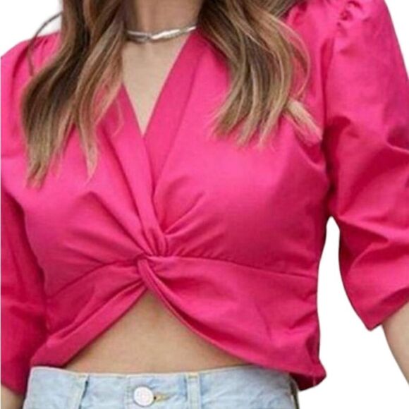 Jason Wu Revolve Womens Pink Cropped Puffed Sleeve Cotton Blend Top Small NWOT - Picture 1 of 9